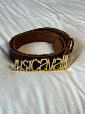 Just Cavalli Brown Leather Logo Belt Gold Buckle
